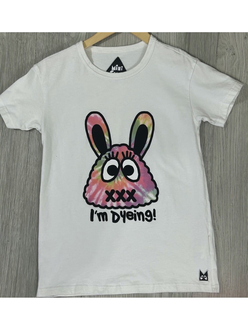 Mini Cream I’m Dyeing Bunny T Shirt Womens XS White Tie Dye Graphic #14